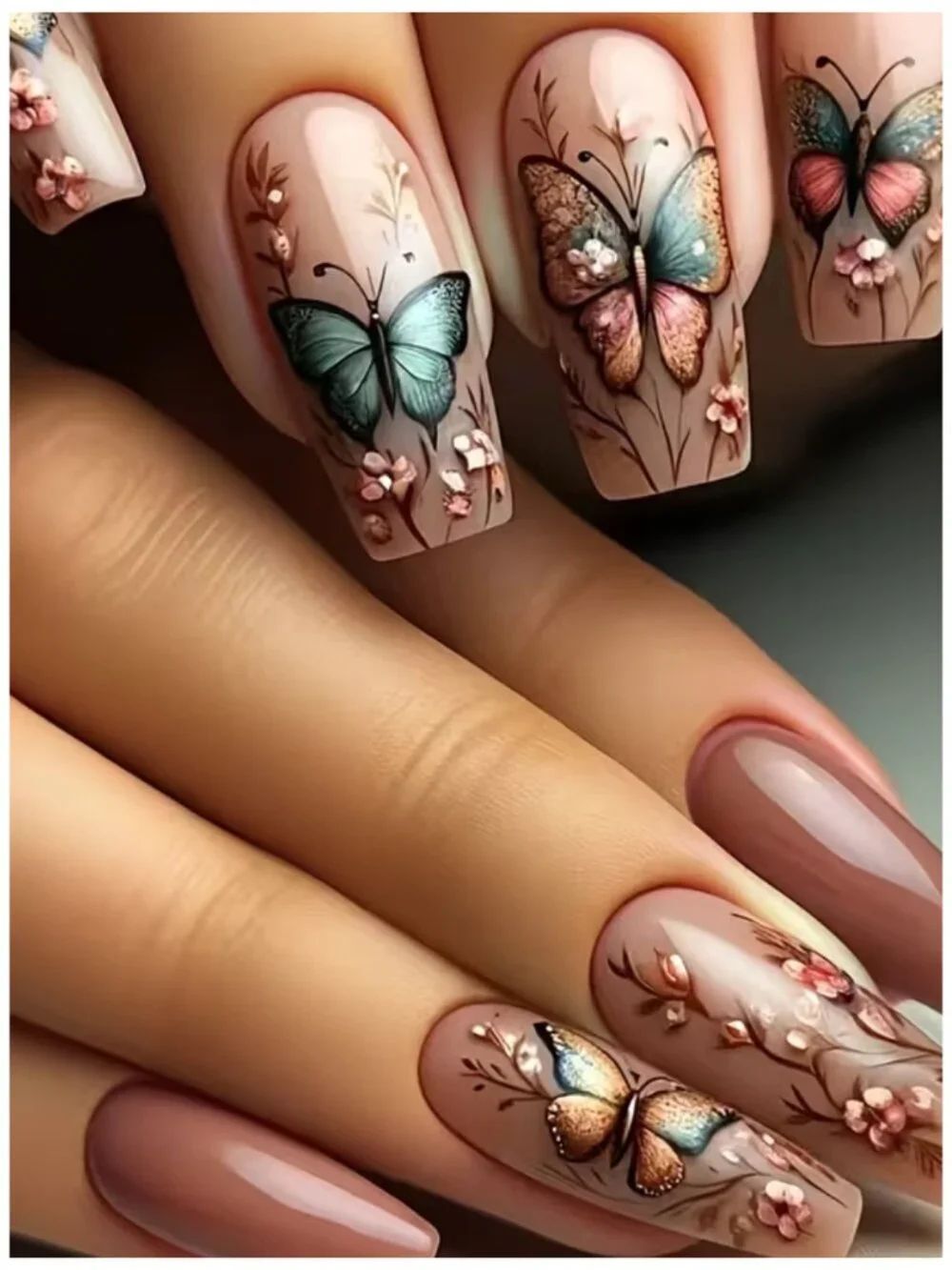 NWT Luxury Long Coffin Press On Nails 3D Butterfly Floral Acrylic False Nails